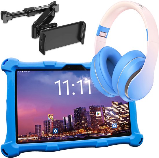 AngelTech Luxe OnderwegPakket XL PRO II – Kindertablet XL PRO II Blauw + Kinderkoptelefoon + Tablethouder - Kindertablet Vanaf 3 Jaar – Kinder Tablet – Kids Tablet - Tablet voor Kinderen