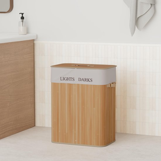 VOUNOT® Wasmand Bamboe met Deksel, 100L Rechthoekig Wasmand met 2 Uitneembare Waszakken & Handvatten, Opvouwbare Wasbox voor Badkamer Slaapkamer Wasruimte, Houtkleur