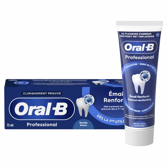 Oral-B Professional tandpasta, 'Émail Renforcé' met menthe douce smaak. Klinisch bewezen. Blauwe tube en doos met tand-icoon.