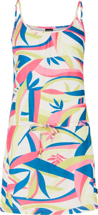 Robe d'été à fines bretelles, blanche avec un motif abstrait tropical coloré de feuilles roses, bleues et vert clair. Taille avec cordon de serrage.