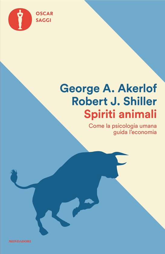 Boek met een blauwe stier op een crème en blauwe achtergrond. Titel: Spiriti animali.