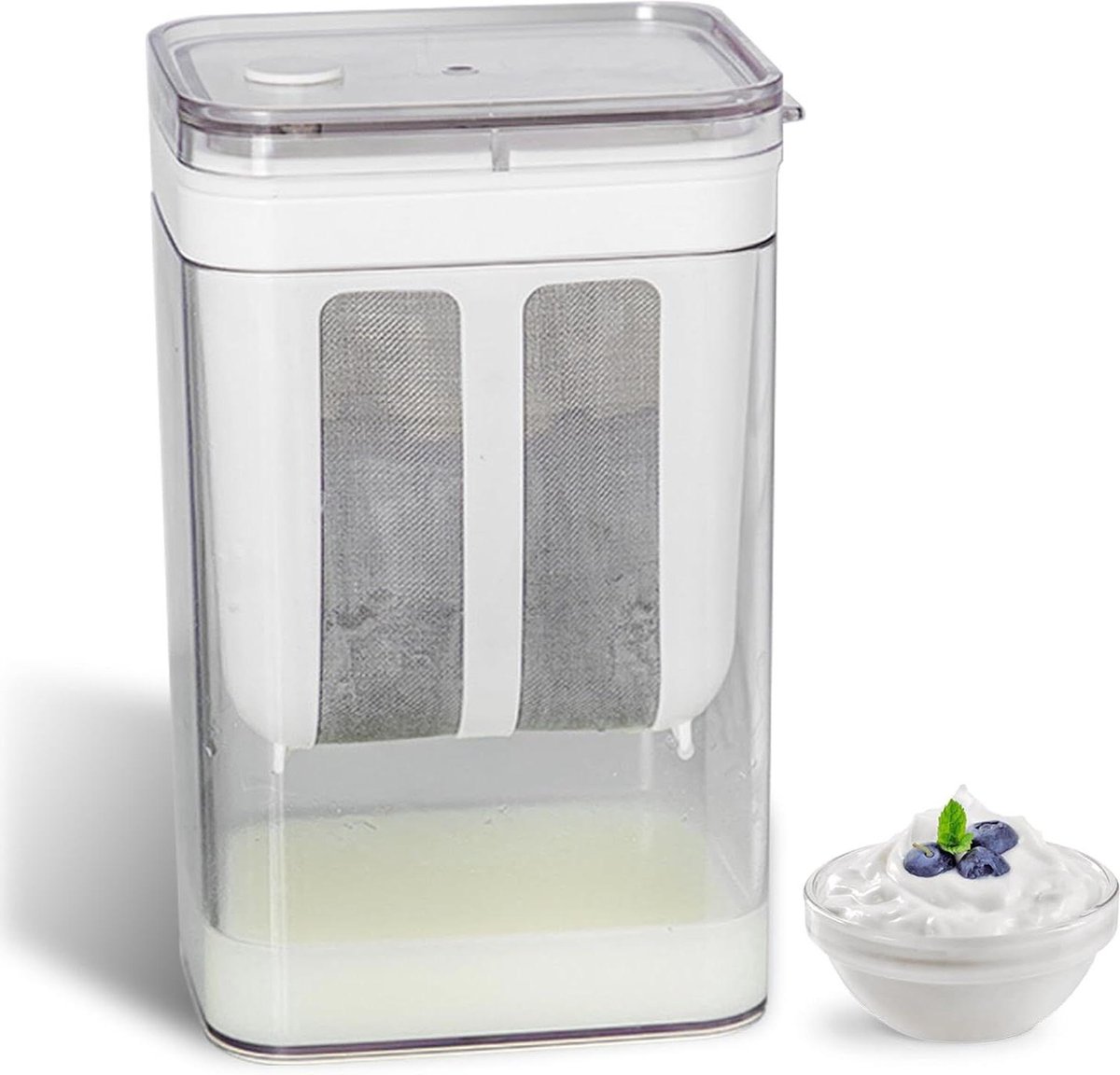Yoghurtzeef 1100 ml - Wasbaar weiafscheider met deksel - Herbruikbare netzeef voor het filteren van sap melk mesh - Huishoudelijk .