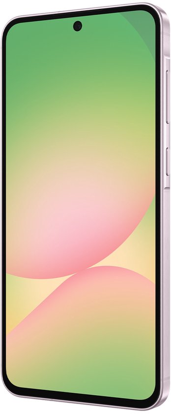 Lichtroze Samsung Galaxy A56 5G, scherm met groene, roze en gele gradiënt, vanuit een hoek.