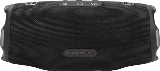 Enceinte JBL Charge 6 noire avec boutons et port USB-C sur fond noir.