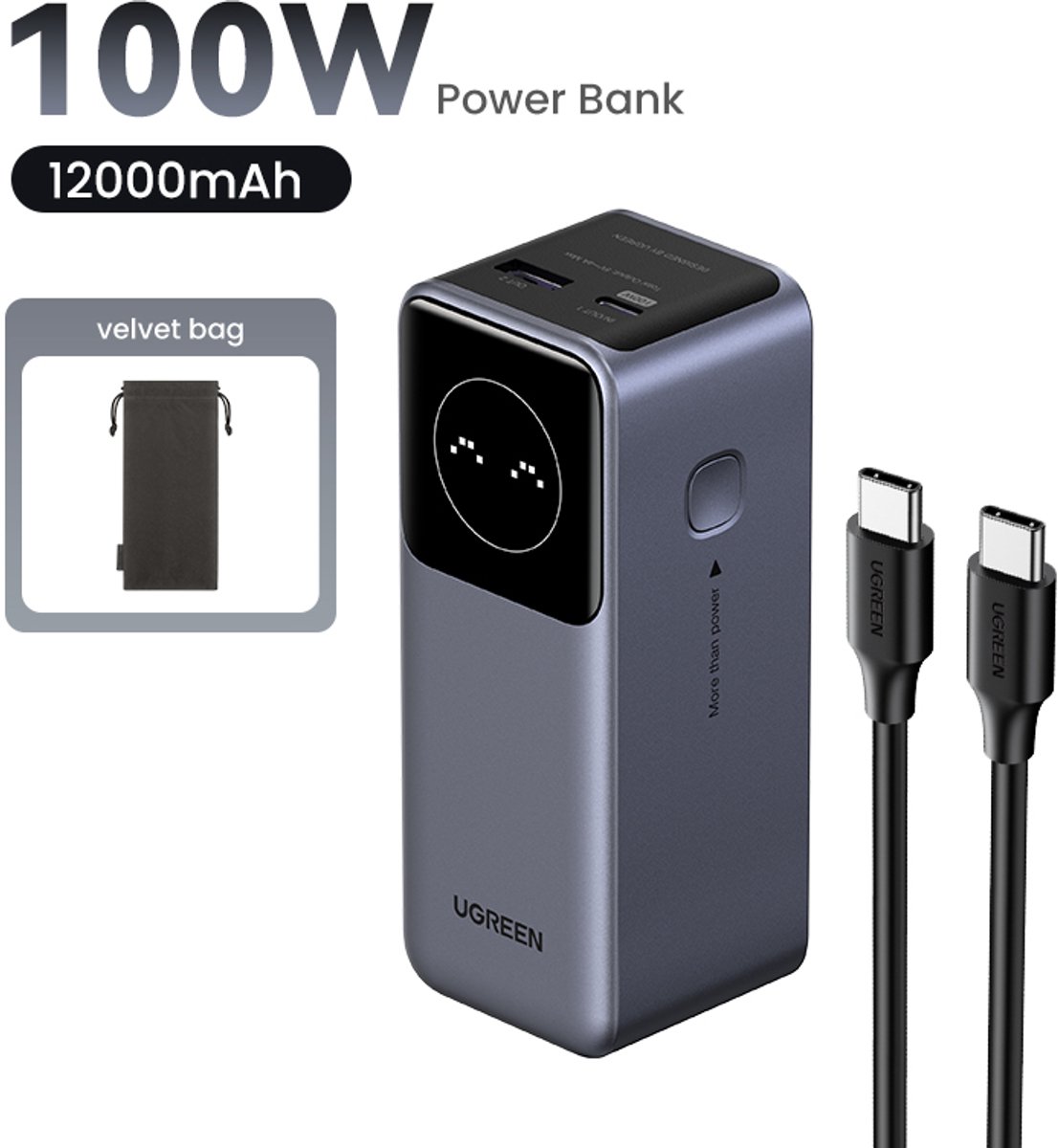 Ugreen Nexode 12000mAh Power Bank met Digitaal Display - afbeelding 2