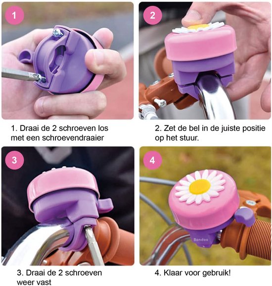 Fietsbel + Kleurrijke Stuurversiering 28 cm - Stuurslingers + Fietsbel - Kinderfiets Versieringen - Handvat Streamers - Zonnebloem Fietsbel en Stuurlinten voor Kinderfietsen - Roze van Merkloos — afbeelding 3
