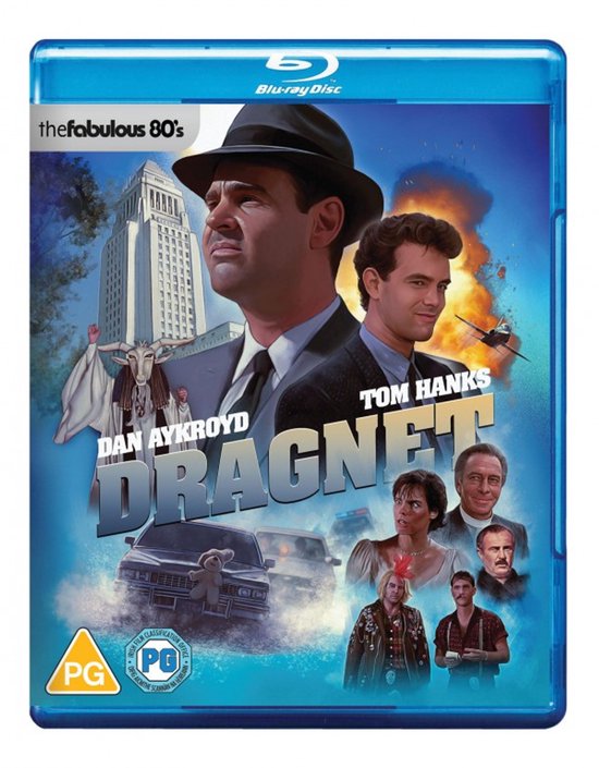 Blu-ray hoes van de film "Dragnet" met Dan Aykroyd en Tom Hanks in de hoofdrol. Een actiefilm uit de jaren '80 met een grote stad en een brandende auto.