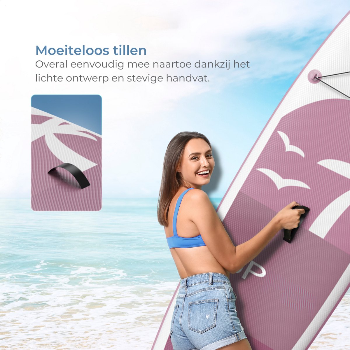 Supper Sup Board - Max. 120KG - Opblaasbaar – Paddle Board – Pomp – Vin – Leash – Draagtas – 285 x 76 cm - Roze – foto 4