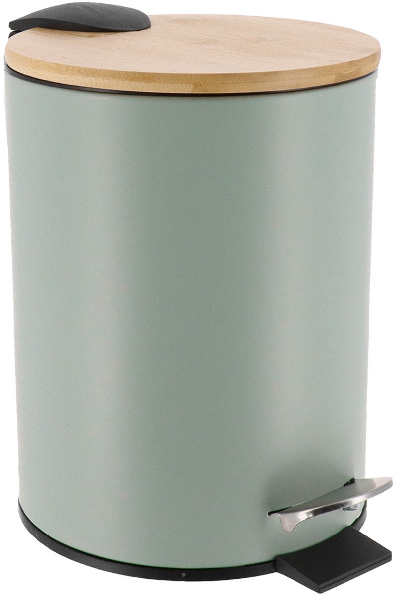 Tendance Badkamer prullenbak/afvalbak Bamboo vibe - soft close - lichtgroen - 3 liter - metaal