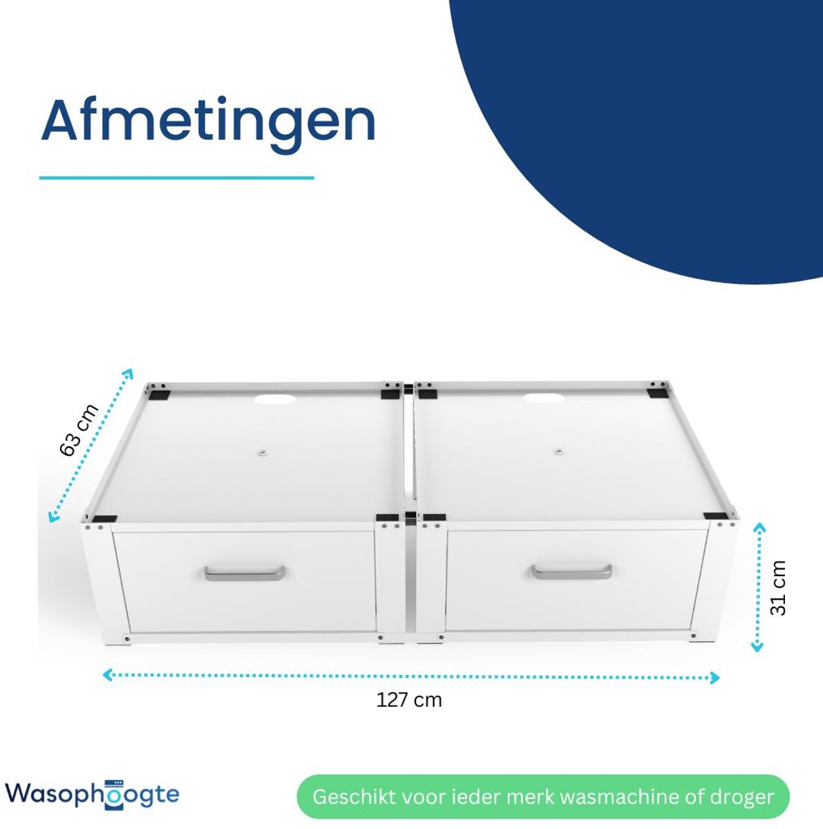 Wasophoogte® Wasmachine verhoger met lade - Dubbele wasmachine opbouwmeubel XL - Wasmachine sokkel - 31cm hoog - Wit - Universeel - 63*63 (LxB) - Inclusief wandbeugels thumbnail 7
