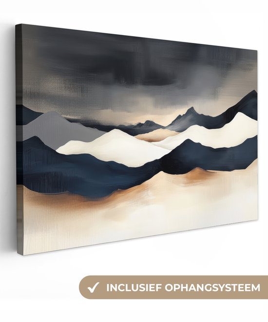 Canvas schilderij 90x60 cm - Exclusieve wanddecoratie Bergen - Donkerblauw - Landschap - Muurdecoratie woonkamer - Slaapkamer decoratie - Kamer accessoires - Schilderijen op canvas