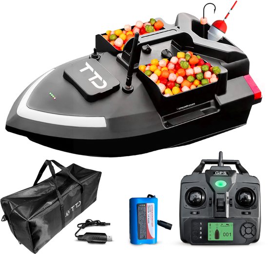 Zwarte TTD voerboot gevuld met kleurrijk aas, met draagtas, accu, lader en afstandsbediening.
