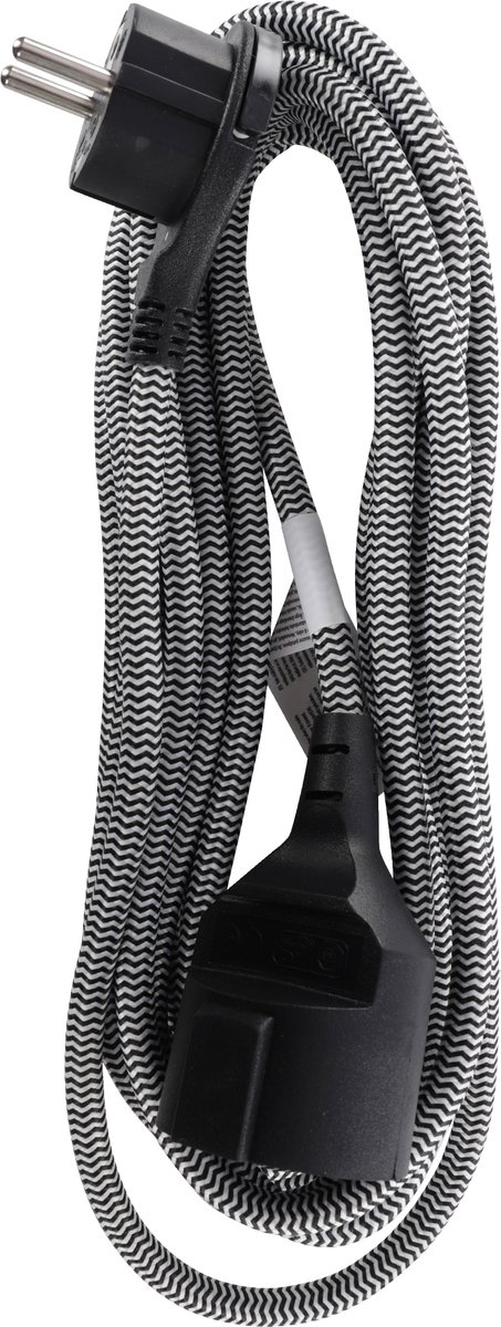 Q-Link verlengsnoer - randaarde - plat - 3 x 1.5 mmÂ² - 5 m - textiel - zwart/wit