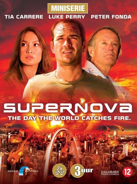 Tia Carrere, Luke Perry en Peter Fonda op Supernova poster. Stadslandschap met inslaande meteorieten.