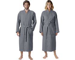 HOMELEVEL Piqué Badjas Reizen Badjas 100% katoen voor vrouwen en mannen aankleden toga Kimono Saunarobe Reizen aankleden toga Piquee Wafel Piqué Vrouwen Mannen Antraciet Maat L