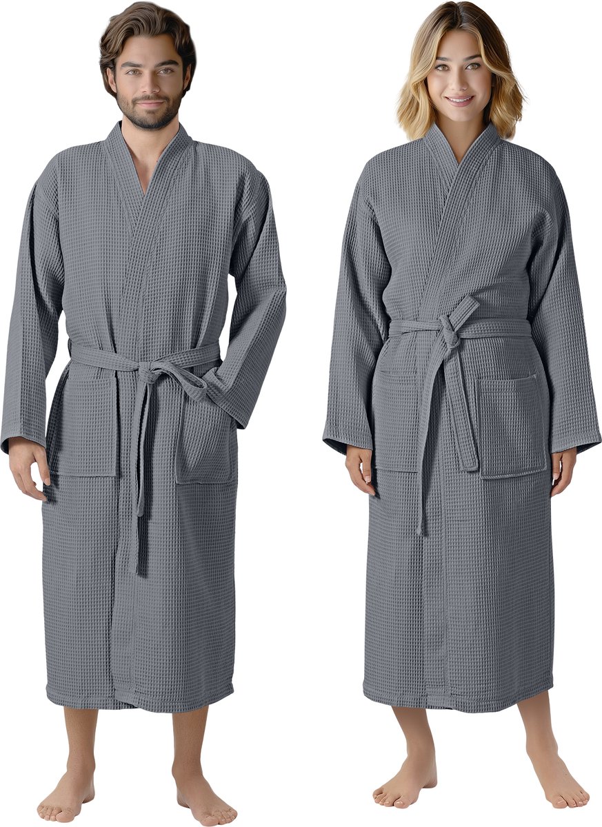 HOMELEVEL Piqué Badjas Reizen Badjas 100% katoen voor vrouwen en mannen aankleden toga Kimono Saunarobe Reizen aankleden toga Piquee Wafel Piqué Vrouwen Mannen Antraciet Maat L