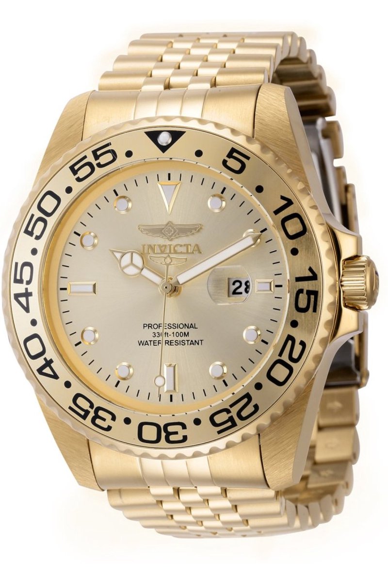 Invicta Pro Diver 44520 Heren Horloge - Waterdicht - Analoog - Quartz Uurwerk - Roestvrij Staal met gouden Wijzerplaat - 47mm