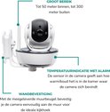 Witte babyfoon met camera, beweegbaar, temperatuurindicatie en wandbevestiging. Bereik tot 300m buiten.
