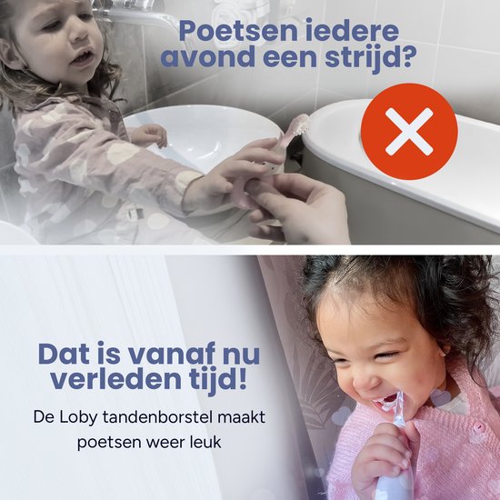 Bovenste foto: kind weigert tanden te poetsen. Onderste foto: kind poetst lachend tanden met Loby borstel.