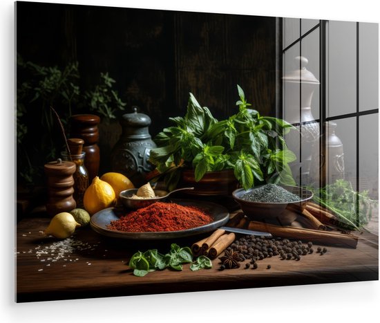 MuchoWow® Glasschilderij 120x80 cm - Schilderij acrylglas - Kruiden - Stilleven - Specerijen - Zwart - Foto op glas - Muurdecoratie woonkamer - Wanddecoratie slaapkamer - Schilderijen