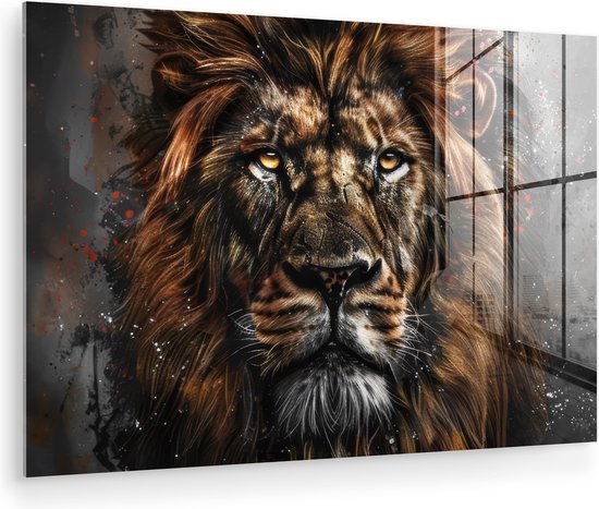 MuchoWow® Glasschilderij 120x80 cm - Schilderij acrylglas - Leeuw - Dieren - Portret - Zwart - Luxe - Foto op glas - Muurdecoratie woonkamer - Wanddecoratie slaapkamer - Schilderijen