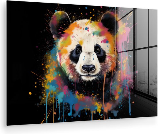 MuchoWow® Glasschilderij 120x80 cm - Schilderij acrylglas - Panda - Graffiti - Dieren - Zwart - Kleuren - Foto op glas - Muurdecoratie woonkamer - Wanddecoratie slaapkamer - Schilderijen
