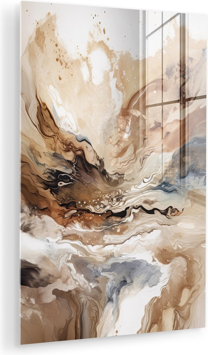 MuchoWow® Glasschilderij 40x60 cm - Schilderij acrylglas - Abstract - Kunst - Verf - Beige - Modern - Foto op glas - Muurdecoratie woonkamer - Wanddecoratie slaapkamer - Schilderijen