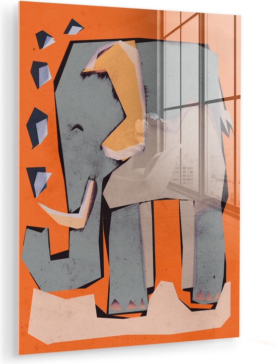 MuchoWow® Glasschilderij 120x160 cm - Schilderij acrylglas - Olifant - Kinderen - Pastel - Oranje - Dieren - Foto op glas - Muurdecoratie woonkamer - Wanddecoratie slaapkamer - Schilderijen