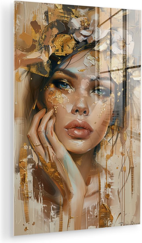 MuchoWow® Glasschilderij 80x120 cm - Schilderij acrylglas - Vrouw - Bloemen - Goud - Portret - Foto op glas - Muurdecoratie woonkamer - Wanddecoratie slaapkamer - Schilderijen