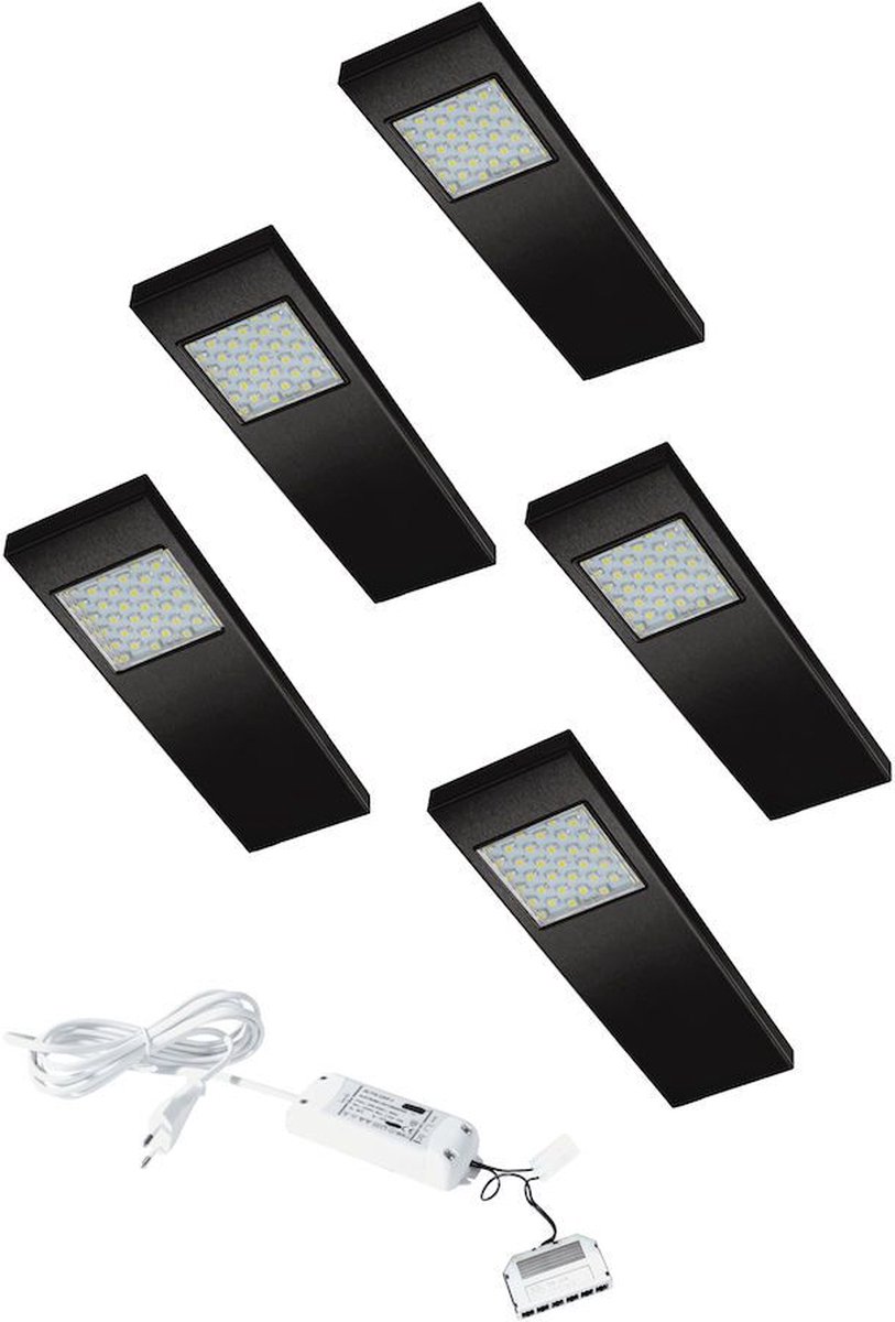 LED 12V Onderbouw set Dotty 5 Spots met Schakelaar kleur Zwart LVSET5DOTSZ