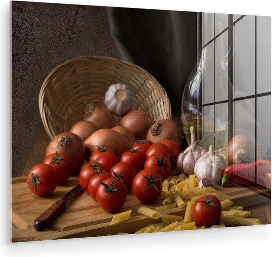 MuchoWow® Tableau sur verre 40x30 cm - Tableau sur verre acrylique - Planche à découper - Légume - Nature morte - Pâtes - Oignon - Tomate - Planche à découper - Photo sur verre - Décoration murale salon - Décoration murale chambre - Peintures