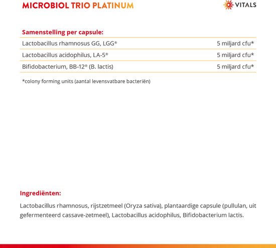 Vitals Microbiol Trio Platinum - 60 capsules - Biotica. 15 miljard levende bacteriën van 3 superieure stammen per capsule.