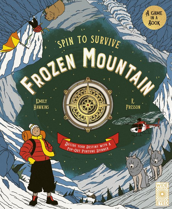 Boekomslag: 'Spin to Survive: Frozen Mountain' met een explorer, wolven, een helikopter en bergen.