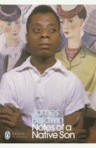 Portret van James Baldwin met op de achtergrond een illustratie van twee vrouwen in modekleding. De titel van het boek is 'James Baldwin Notes of a Native Son'.