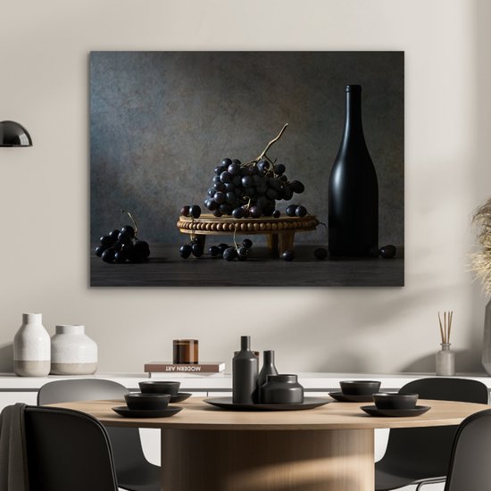 Tableau aluminium 80x60 cm - Décoration murale métal - Nature morte - Zwart - Bouteille - Raisins - Décoration murale métal salon - Décoration industrielle - Photo sur dibond - Accessoires industriels chambre