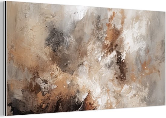 Peinture abstraite aux teintes beiges, brunes et grises, texture de coups de pinceau, sur panneau d'aluminium.