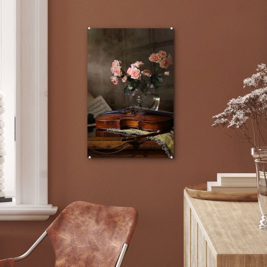 MuchoWow® Peinture sur verre 40x60 cm - Peinture sur verre acrylique - Violon - Roses - Rose - Fleurs - Nature morte - Photo sur verre - Décoration murale salon - Décoration murale chambre - Peintures