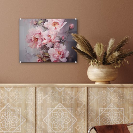MuchoWow® Glasschilderij 40x30 cm - Schilderij acrylglas - Rozen - Bloemen - Roze - Kunst - Watercolor - Foto op glas - Muurdecoratie woonkamer - Wanddecoratie slaapkamer - Schilderijen