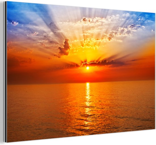 Aluminium schilderij 150x100 cm - Wanddecoratie metaal - Zonsondergang - Zee - Lucht - Oranje - Horizon - Water - Metalen muurdecoratie woonkamer - Decoratie industrieel - Foto op dibond - Industriële accessoires slaapkamer
