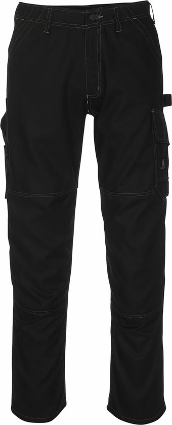 Zwarte werkbroek met beige stiksels, functionele broek met dijbeenzak.