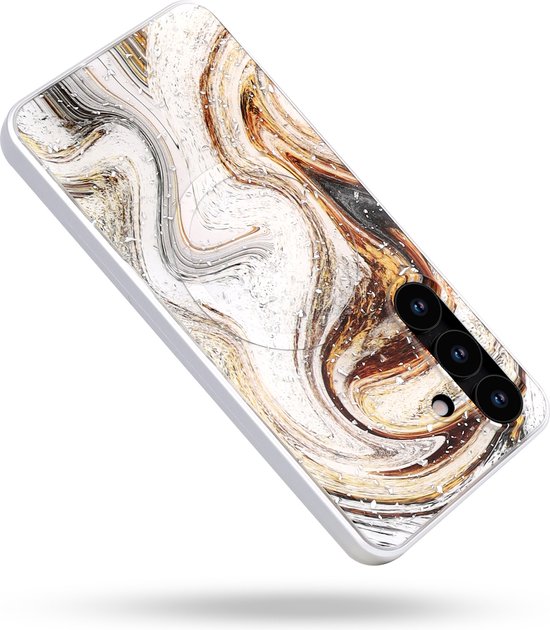 Casemania Coque pour Samsung Galaxy S25 - Wit - Coque arrière en marbre avec Protection d'appareil photo - Compatible avec MagSafe