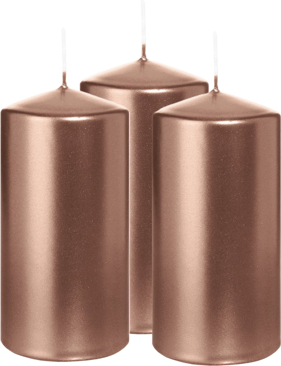 Wiedemann Cilinderkaars/stompkaars - 3x - metallic roségoud - 12 x 6 cm - 33 branduren - zuilkaarsen Rose goud