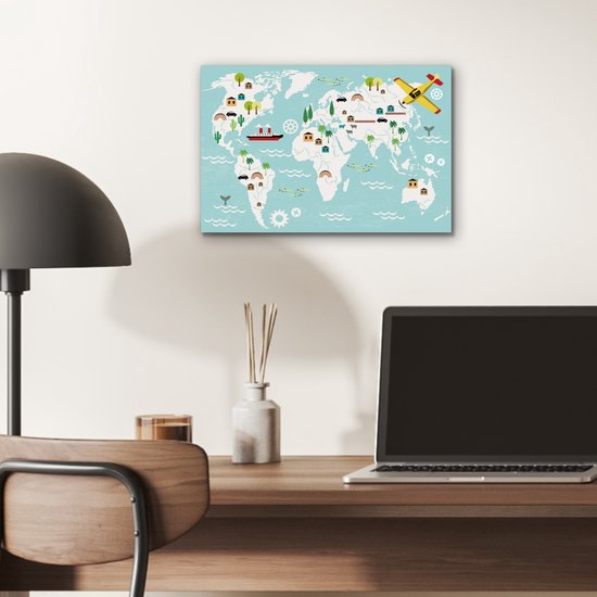 Décoration murale Métal - Peinture Aluminium - Wereldkaart - Enfants - Avion - Nature - 30x20 cm
