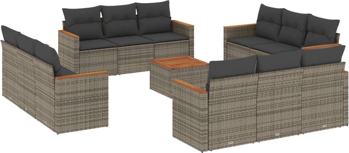 The Living Store 13-delige Loungeset met kussens poly rattan grijs - Tuin Lounge Set - Loungebank - Buitendecoratie - Poly Rattan - Garden Furniture
