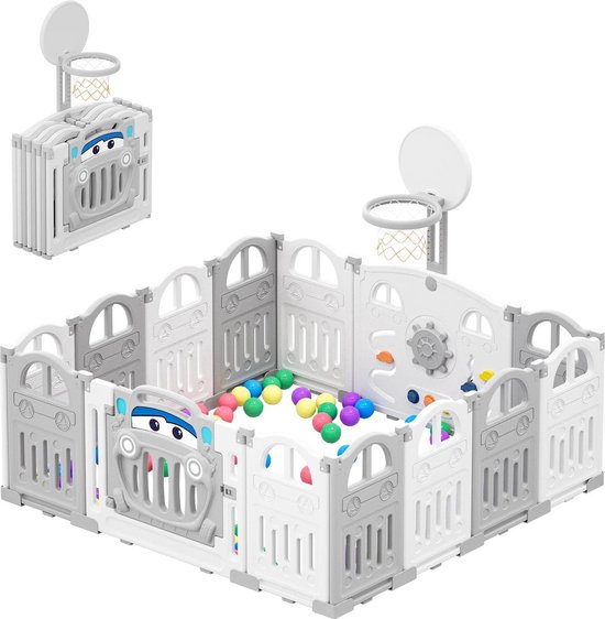 Babybox - Grondbox - Inklapbare Speelbox - Baby Peuter Box Met Basketbalring - Educatieve Panelen - 50 Gekleurde Ballen - L149 x B152 x H62 CM - Zonder Mat - Gray White