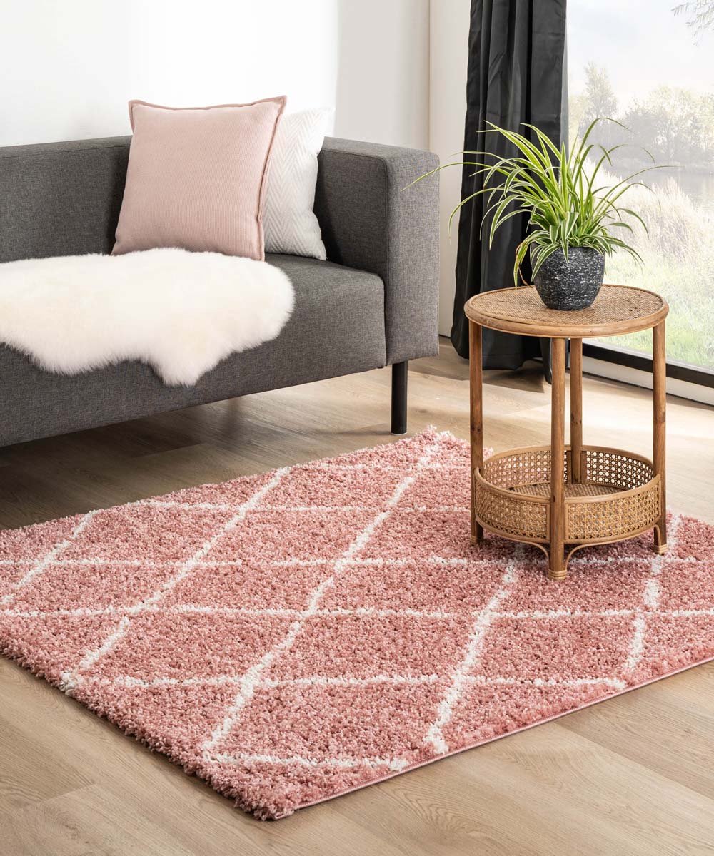 Vierkant hoogpolig vloerkleed ruiten Habitat - roze/wit 280x280 cm