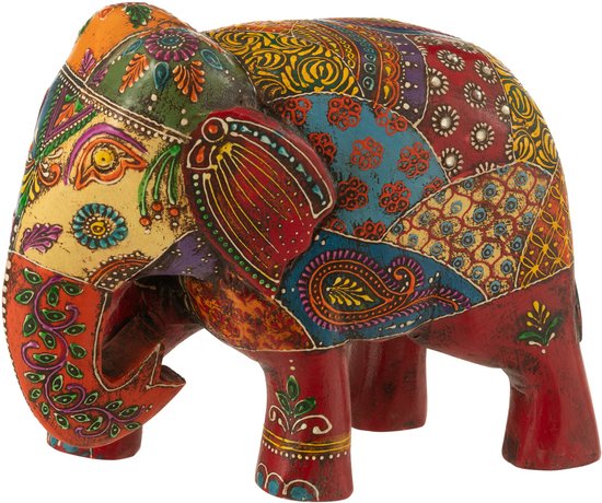 Houten olifant met een patchwork van kleurrijke Indiase patronen, rood met geel, blauw en groen.