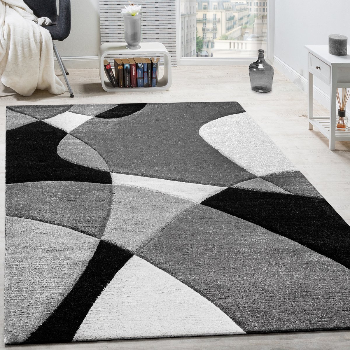 Flycarpets Diamesa Modern Vloerkleed - Grijs / Zwart / Wit - 80x150 cm - Laagpolig Tapijt Loper