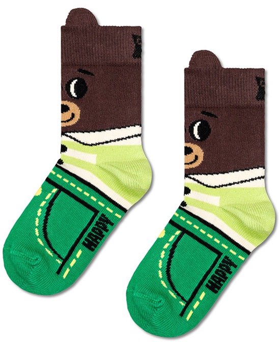 Paar bruine sokken met berengezicht, groen shirt en groene jeans onderkant. Happy Socks.
