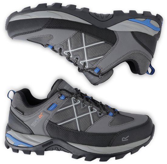 Paar grijze wandelschoenen met zwarte en blauwe details, bovenkant en zijkant zichtbaar.